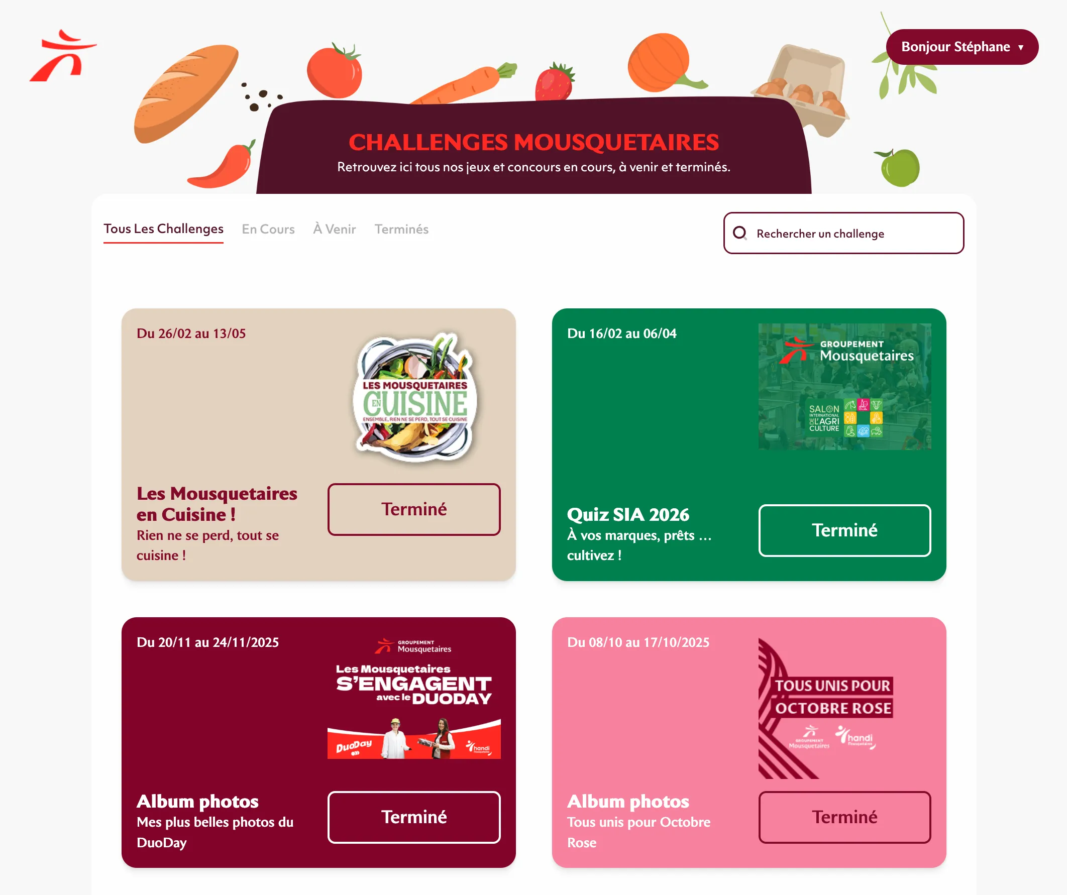 L'accueil de Challenges Mousquetaires : les challenges en cours, à venir et terminés, chacun avec ses dates et son visuel