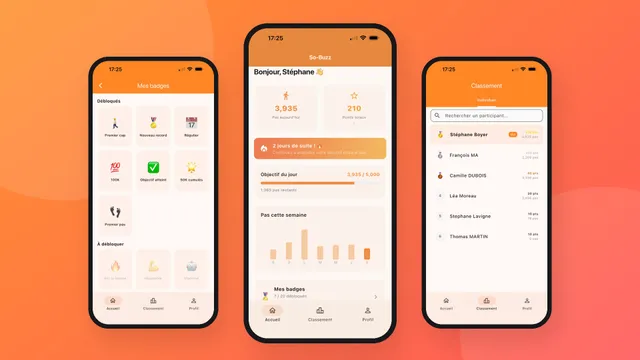 Trois écrans de l’application WALK&Co : les badges débloqués, l’accueil avec les pas du jour et l’objectif quotidien, le classement des participants