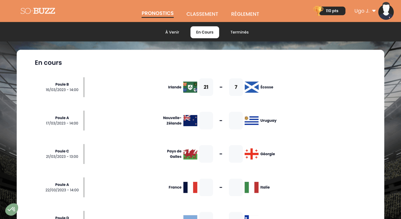 Page des matchs en cours de la plateforme de Pronostics