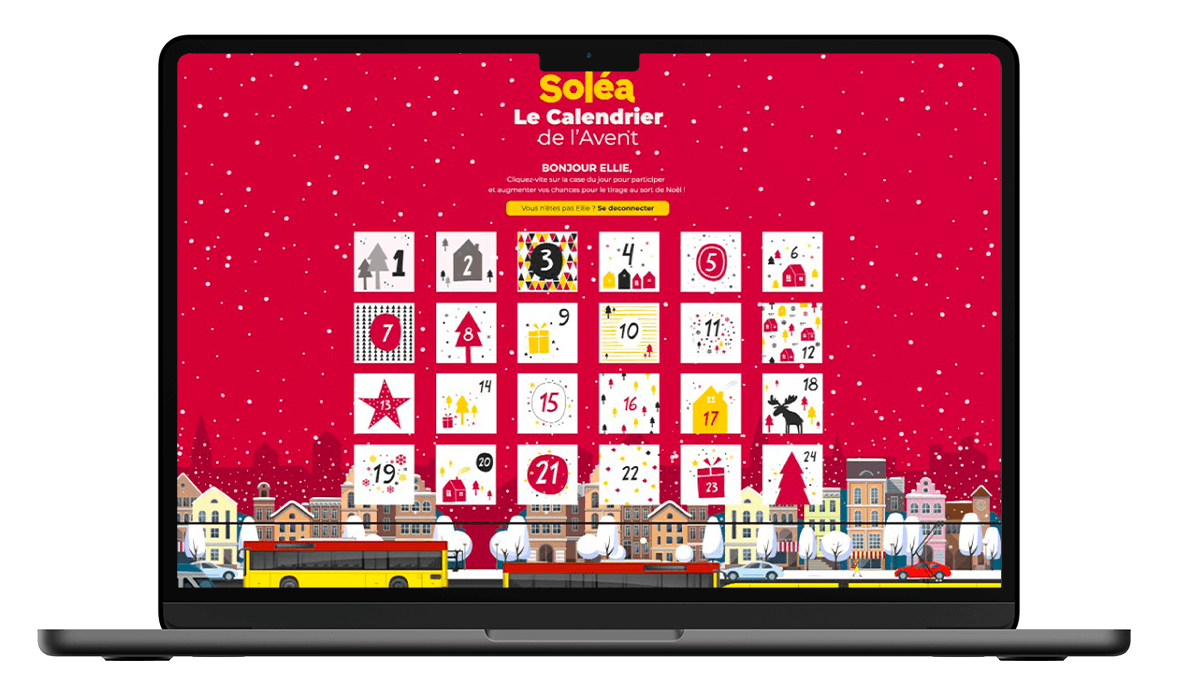 Calendrier de l'Avent interne Soléa : le collaborateur est reconnu à l'ouverture, avec ses 24 cases et un lien pour se déconnecter