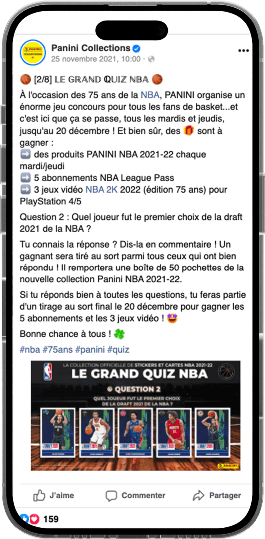 Exemple jeu concours Quiz multiples Facebook Panini